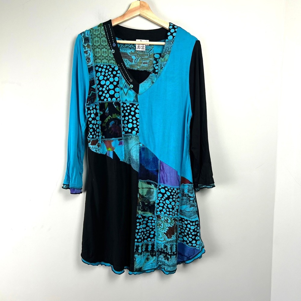 Parsley & Sage Turquoise Black Patchwork V-Neck Tunic Top L 3/4 Sleeve Lagenlook